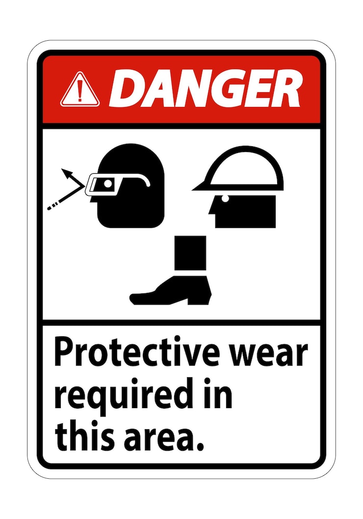 Vector señal de peligro se requiere el uso de protección en esta área con gafas, casco y botas símbolos en fondo blanco