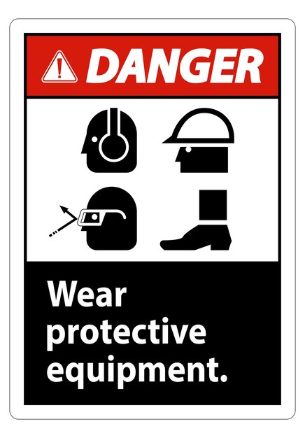 Señal de peligro Use equipo de protección con símbolos de EPI en fondo blanco Ilustración vectorial