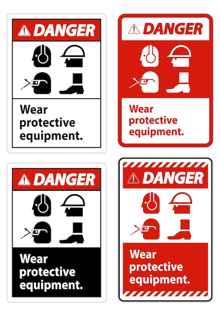 Señal de peligro Use equipo de protección con símbolos de EPI en fondo blanco Ilustración vectorial