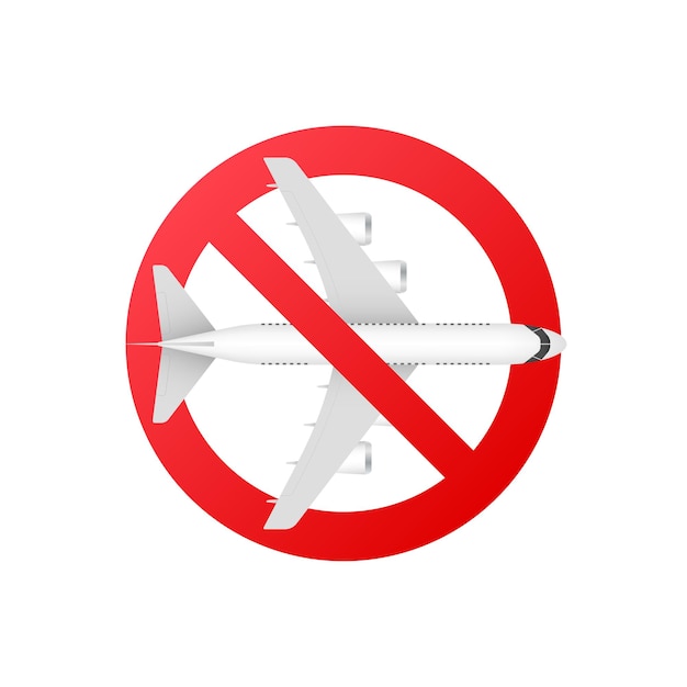 Señal de prohibido con el icono de glifo de avión. detener el símbolo de la silueta. ilustración vectorial.