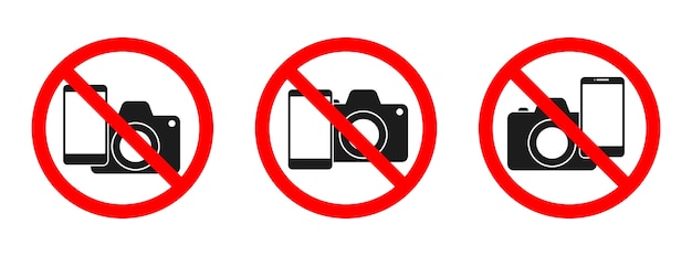 Señal de prohibido teléfono y cámara. sin teléfono, sin señal de cámara sobre fondo blanco. conjunto de carteles sin fotos aislados