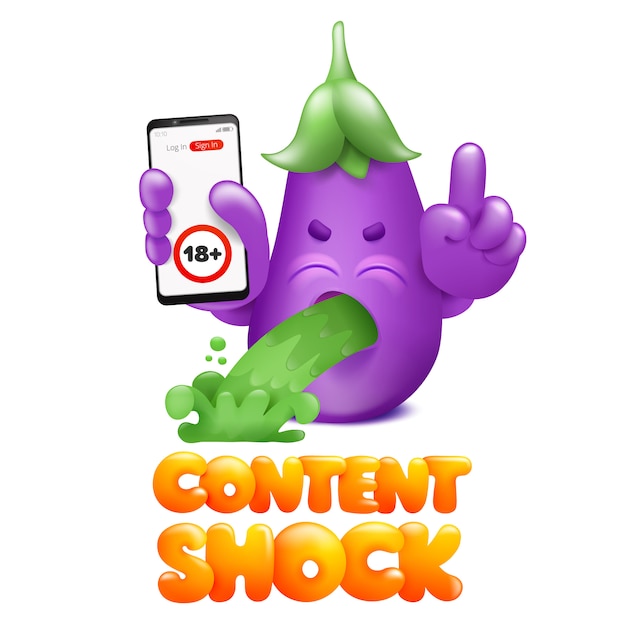 Señal de restricción de edad. Tarjeta de concepto de Content Shock con gracioso personaje de dibujos animados de berenjena con teléfono inteligente en mano
