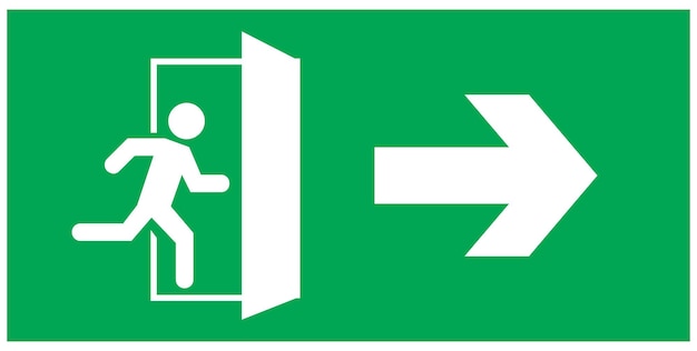 Señal de salida de emergencia hombre corriendo icono a la puerta color verde flecha vector advertencia señal placa de advertencia