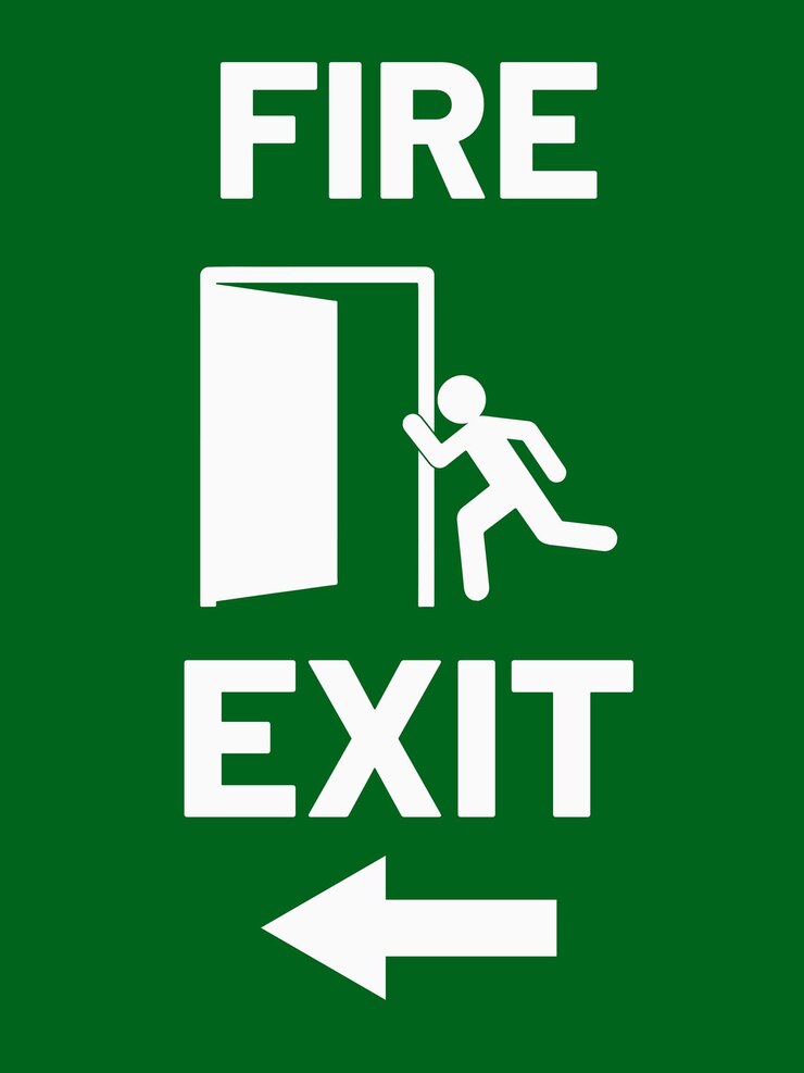 Vector señal de salida de incendios esencial fondo verde puerta de seguridad icono de evacuación direcciones de emergencia