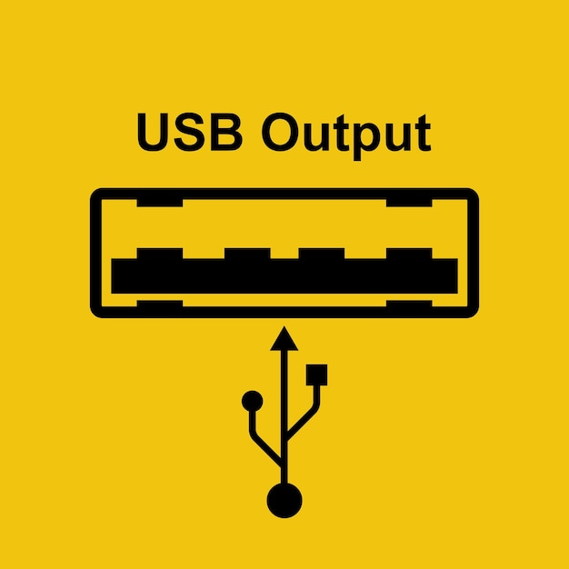 Vector señal de salida usb icono para conectar dispositivos a la red informática para cargar y dispositivos modernos diseño plano de ilustración vectorial aislado en el fondo símbolo negro aislado en un fondo amarillo