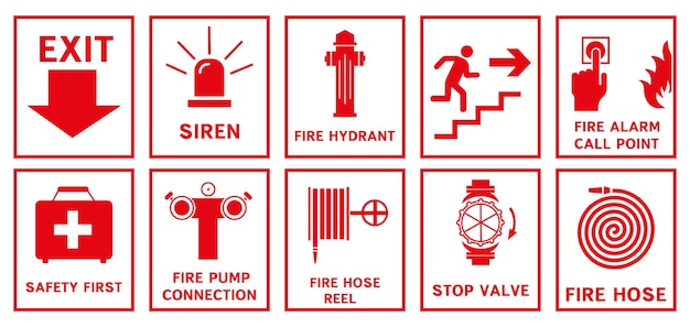 Vector señal de seguridad contra incendios advertencias y acciones contra incendios