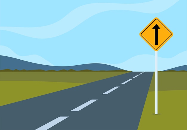 Señal de tráfico al lado de una carretera vacía. Señal de tráfico. Seguridad vial. Ilustración vectorial