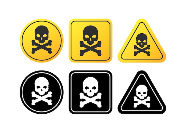Señal de tráfico con un cráneo Iconos de cráneo amarillo plano Señales de advertencia Señales de tráfico con cráneos Iconos vectoriales
