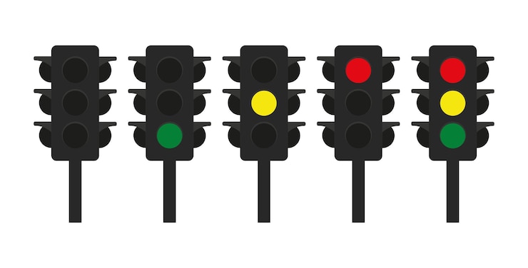 Vector señal de tráfico o semáforo que controla el flujo de vehículos con luces rojas, amarillas y verdes señal de tráfico señalización de semáforos intersección seguridad vial
