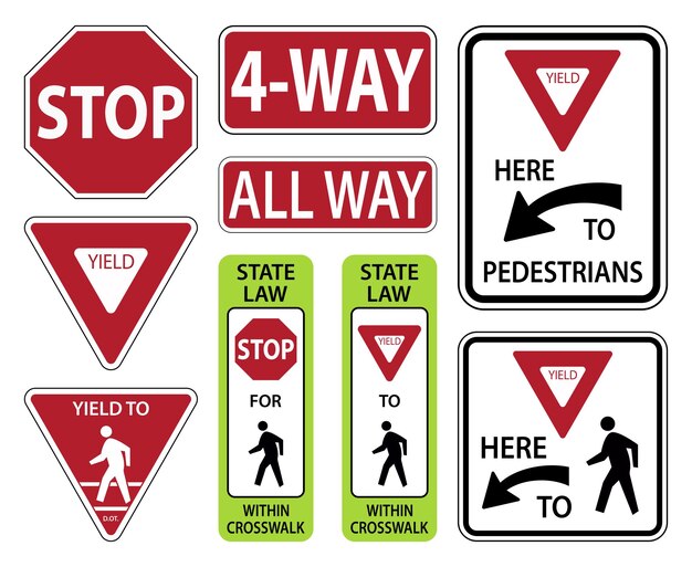 Señal de tráfico en todo el camino4waystop aquí para advertir a los peatones