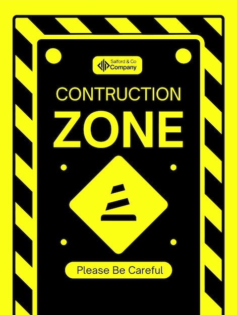 Señal de zona de construcción negra y amarilla con diseño de ilustración de precaución de cono de tráfico