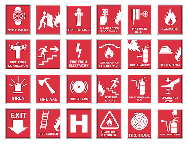 Señales de las acciones necesarias durante un incendio Advertencias de incendio y acciones Ilustración del vector