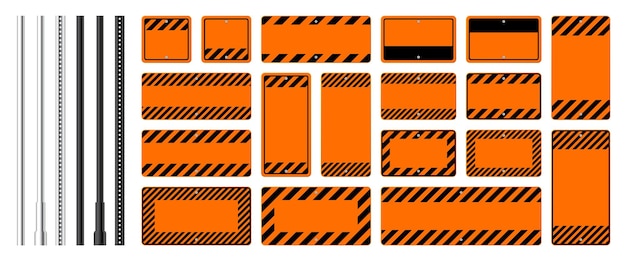 Señales de advertencia de peligro pancartas de atención con postes metálicos en blanco señal de precaución naranja en el sitio de construcción