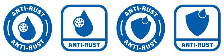 Vector señales antioxidantes aisladas en blanco etiquetas vectoriales para productos metálicos conjunto de señales resistentes a la corrosión