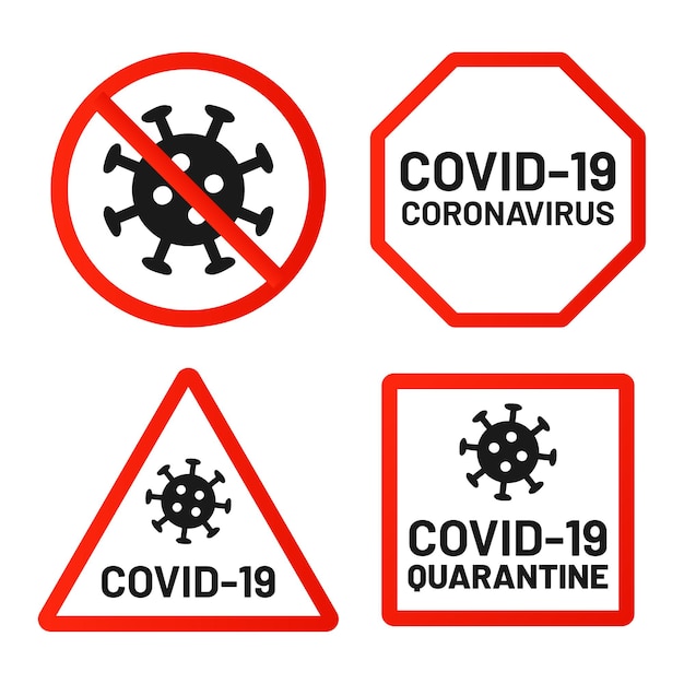 Las señales de Covid-19 prohíben, prestan atención y advierten. Cuarentena 2019-ncov, coronavirus de peligro, epidemia de virus de advertencia en cuadrados rojos, formas de octágono.