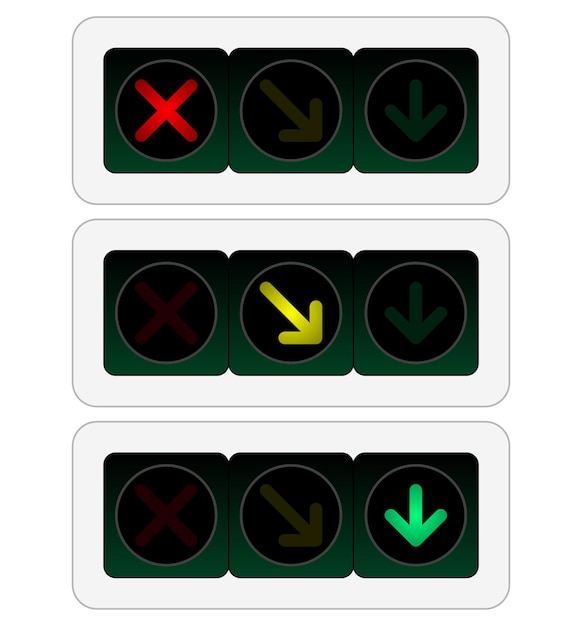 Señales de dirección de carril con símbolos de flecha y cruz para el control de tráfico y señales de parada en autopistas