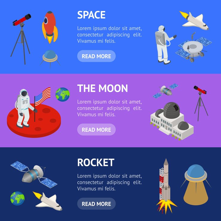 Vector señales espaciales 3d banner conjunto horizontal vista isométrica incluye el transbordador y el astronauta ilustración vectorial del icono