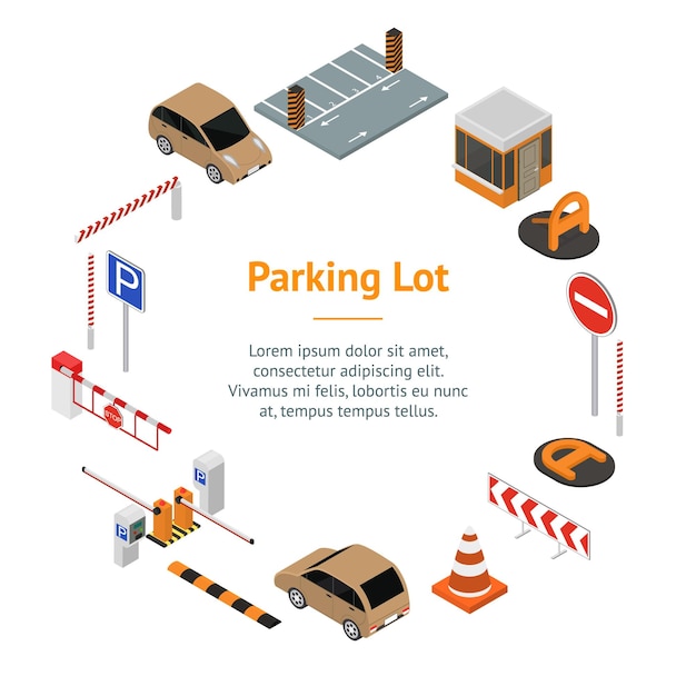 Señales de estacionamiento 3d Banner Card Circle Vista isométrica Incluye de la barrera de carretera de automóviles Lugar y puerta