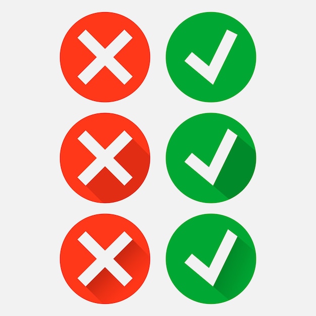 Señales de garrapatas y cruces Marca de verificación verde OK y X roja icono aislado sobre fondo blanco Ilustración vectorial