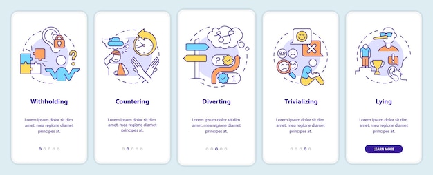 Señales de gaslighting incorporadas en la pantalla de la aplicación móvil tutorial de desvío y mentira páginas de instrucciones gráficas de 5 pasos con conceptos lineales ui ux plantilla de gui myriad probold fuentes regulares utilizadas