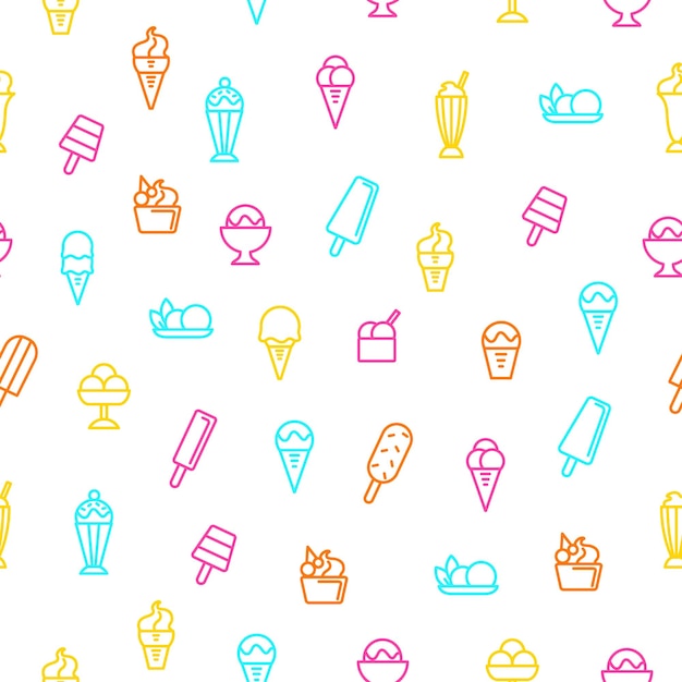 Señales de helado Línea delgada Patrón sin costuras Fondo en blanco Incluye de postres cono Sundae y sorbete Ilustración vectorial de íconos