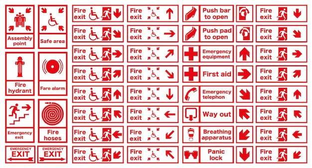 Señales de incendio de uso frecuente en rojo Salidas de emergencia y medidas en caso de incendio
