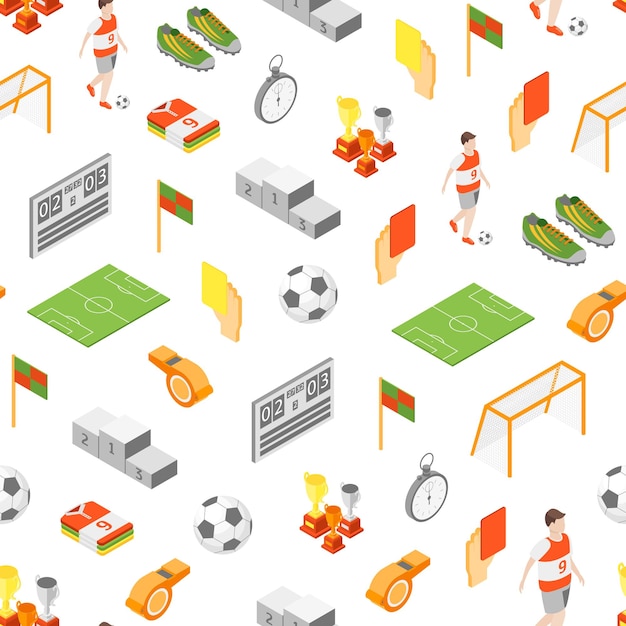 Señales de juego de fútbol 3d patrón sin costuras fondo en una vista isométrica blanca incluye de bandera bola zapato silbido campeón y trofeo ilustración vectorial