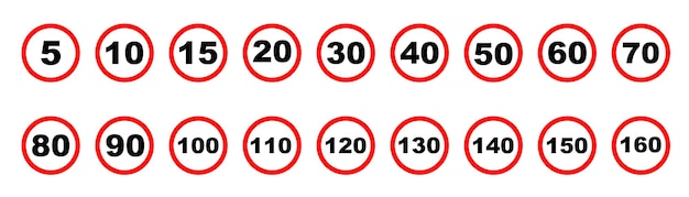 Señales de límite de velocidad Tabla de señalización de carretera de velocidad máxima Conjunto de señales genéricas de limite de velocidad Ilustración vectorial