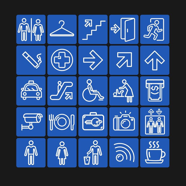 Vector señales de navegación pública conjunto de iconos de línea delgada blanca en un vector de caja azul