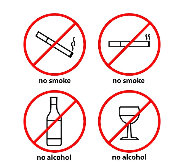 Señales de no fumar y beber alcohol No hay alcohol, no fumar, ilustración vectorial
