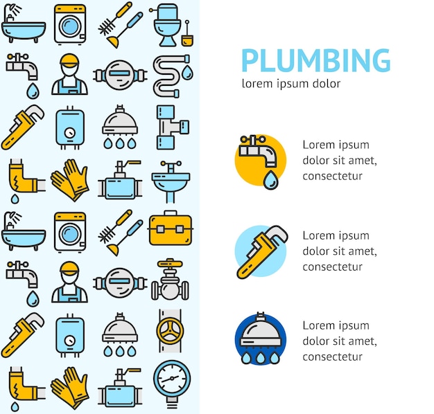 Señales de plomería Banner Vecrtical con iconos de contorno de color Vector