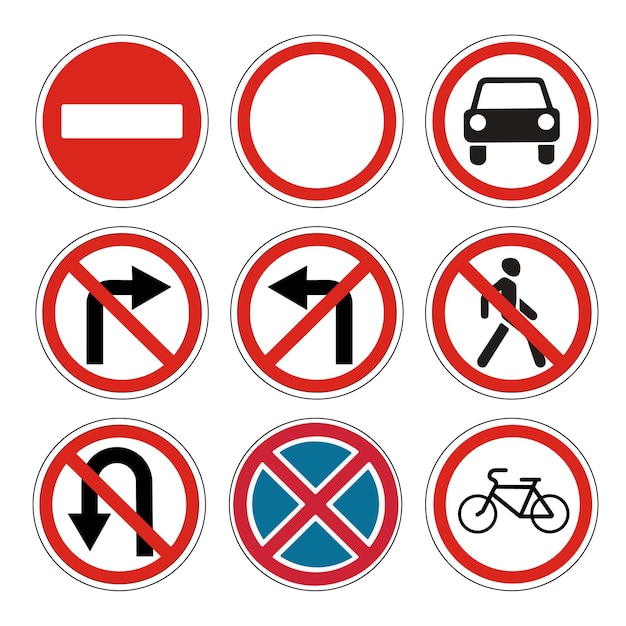 Vector señales prohibidas en la carretera vectorial entrada pasaje tráfico giro pase giro bicicletas parada