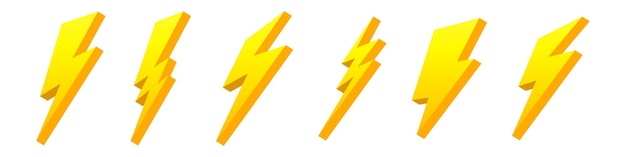 Señales de relámpago de potencia. Destellos eléctricos amarillos con curvas geométricas, peligro de alto voltaje y poderosa tormenta vectorial.