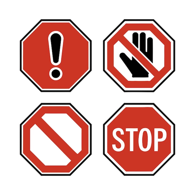 Señales rojas de advertencia y restricción Establezca la parada Prohibida No se puede entrar Símbolos de seguridad Alerta Prohibida