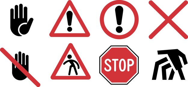 Señales rojas de advertencia y restricción Establezca la parada Prohibida No se puede entrar Símbolos de seguridad Alerta Prohibida