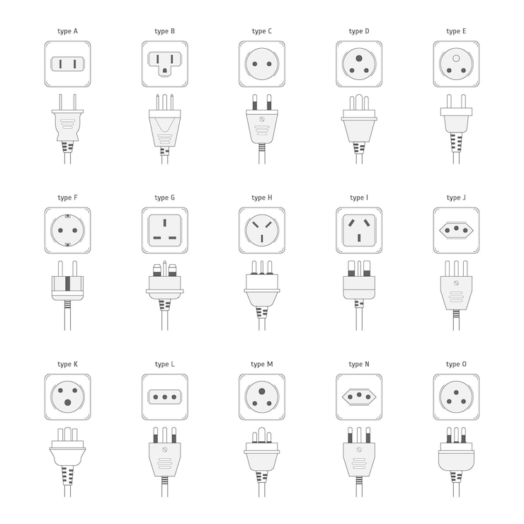 Vector señales de toma de corriente conjunto de iconos de línea delgada negra incluyen enchufe y enchufe ilustración vectorial de iconos