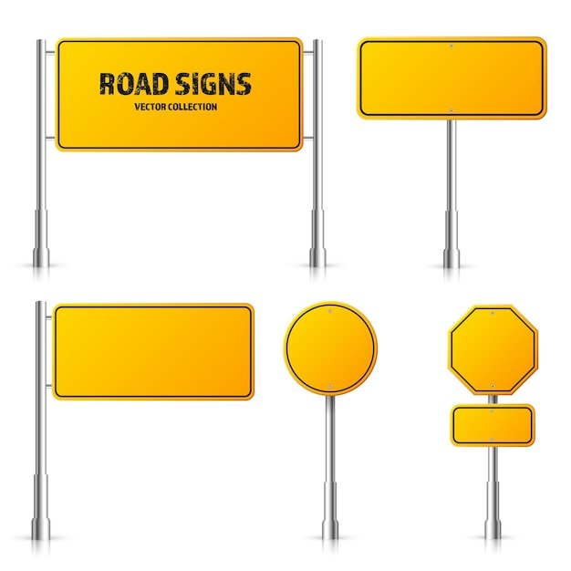 Vector señales de tráfico amarillas de la carretera conjunto de tablero en blanco con lugar para el texto maqueta señal de información aislada