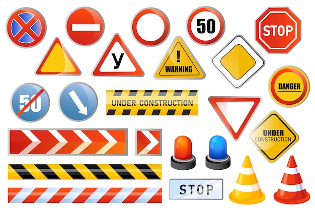 Las señales de tráfico establecen elementos gráficos en diseño plano Ilustración vectorial