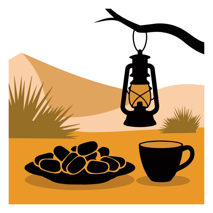 Vector sencilla escena del desierto con dátiles café y linterna