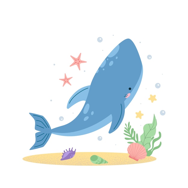 Sencilla escena dibujada a mano con animales marinos kawaii ballena azul Criaturas submarinas lindas en estilo de dibujos animados planos proyectos aislados temáticos oceánicos