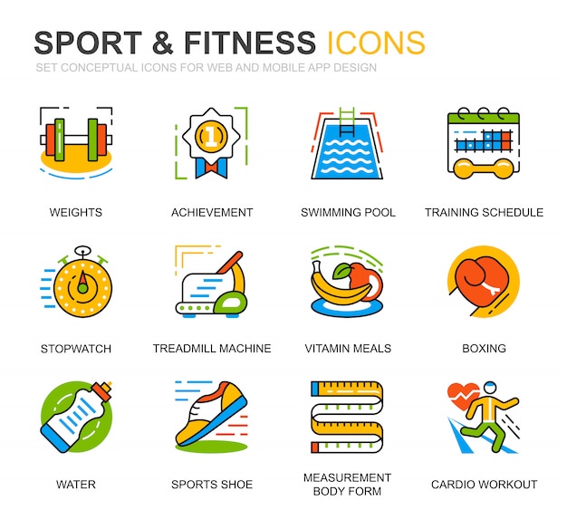 Sencillo conjunto de iconos de línea de deporte y fitness para sitio web