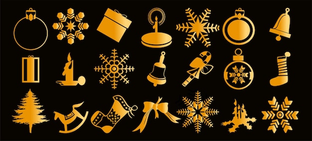 Sencillo fondo navideño, elementos minimalistas geométricos dorados e iconos. Bandera de feliz año nuevo.