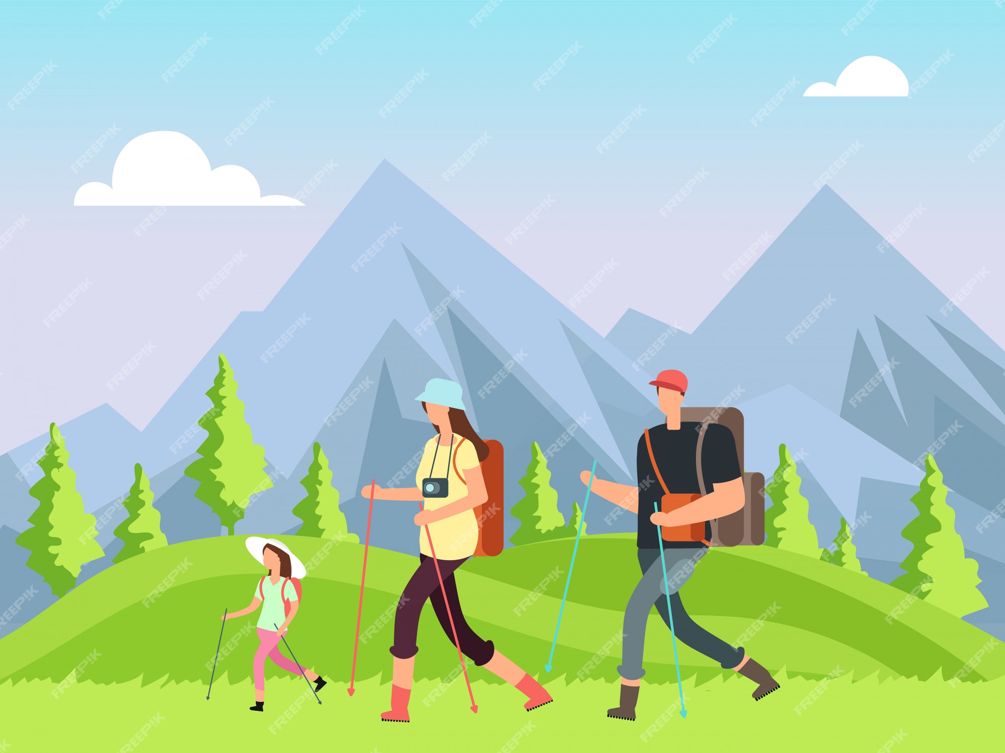 puesto giratorio avión Senderismo familiar en la naturaleza. trekking hombre, mujer y niños con  paisaje de montaña al aire libre. aventura de verano | Vector Premium