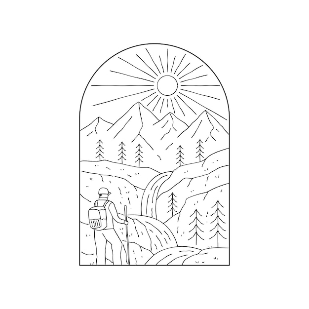 Senderismo, hombre de camping e ilustración de cascada de montaña en arte de línea mono, diseño de placa de parche, diseño de emblema, diseño de camisetas