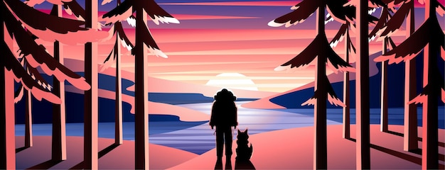 Senderismo en las montañas con perro Tranquilo hermoso atardecer sobre bosques, montañas y ríos