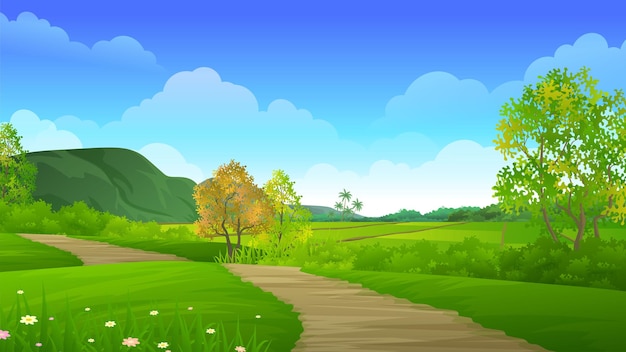 Sendero con hermosas vistas de campos de arroz y montañas ilustración vectorial