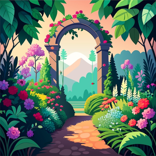 Vector sendero bajo un hermoso arco de flores y plantas ilustración vectorial