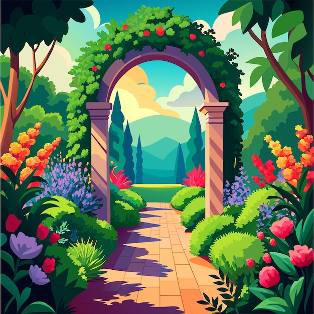 Vector sendero bajo un hermoso arco de flores y plantas ilustración vectorial