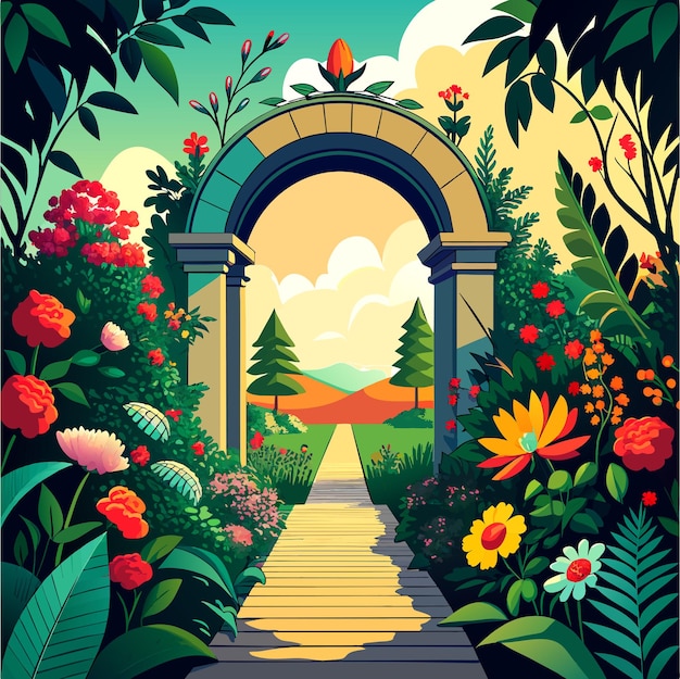 Vector sendero bajo un hermoso arco de flores y plantas ilustración vectorial