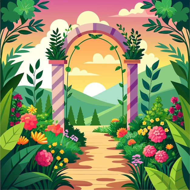 Vector sendero bajo un hermoso arco de flores y plantas ilustración vectorial